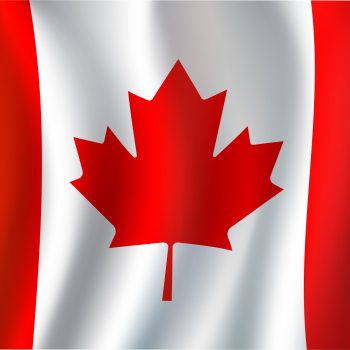 Canadian flag, 3d symbol of Canada country. Maple leaf national banner, red and white canadian flag flying with waves for travel, patriotism and geography themes design